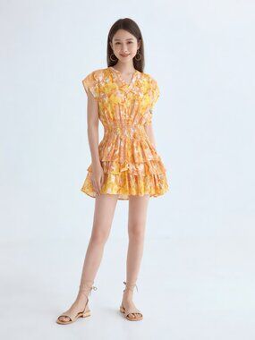 NWT Tart Collections Yellow Orange Watercolor Smocked Waist Tiered Mini Dress S